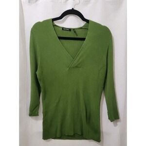 Vintage Y2K Daisy Fuentes Deep V Neck 3/4 Length Green Sweater Buttons